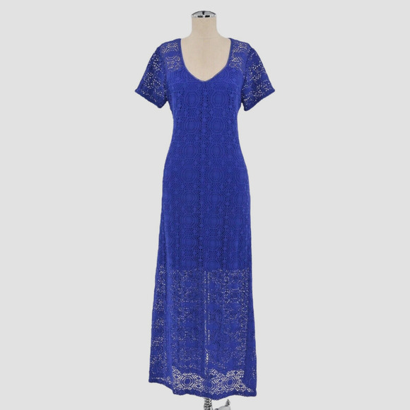 TOMMY BAHAMA Dress‎ Sz S Blue Crochet Boho Lace Maxi Vacation Beach Swim Cover - Picture 1 of 10